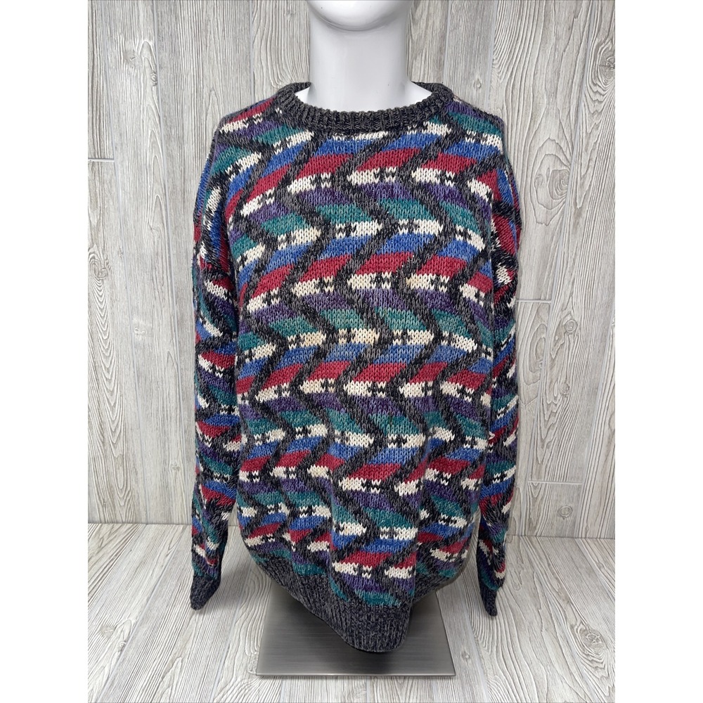 Vintage Northern Isles Sweater Adult XL Zig Zag Multi Color Hand Knit‎ Mens 90's